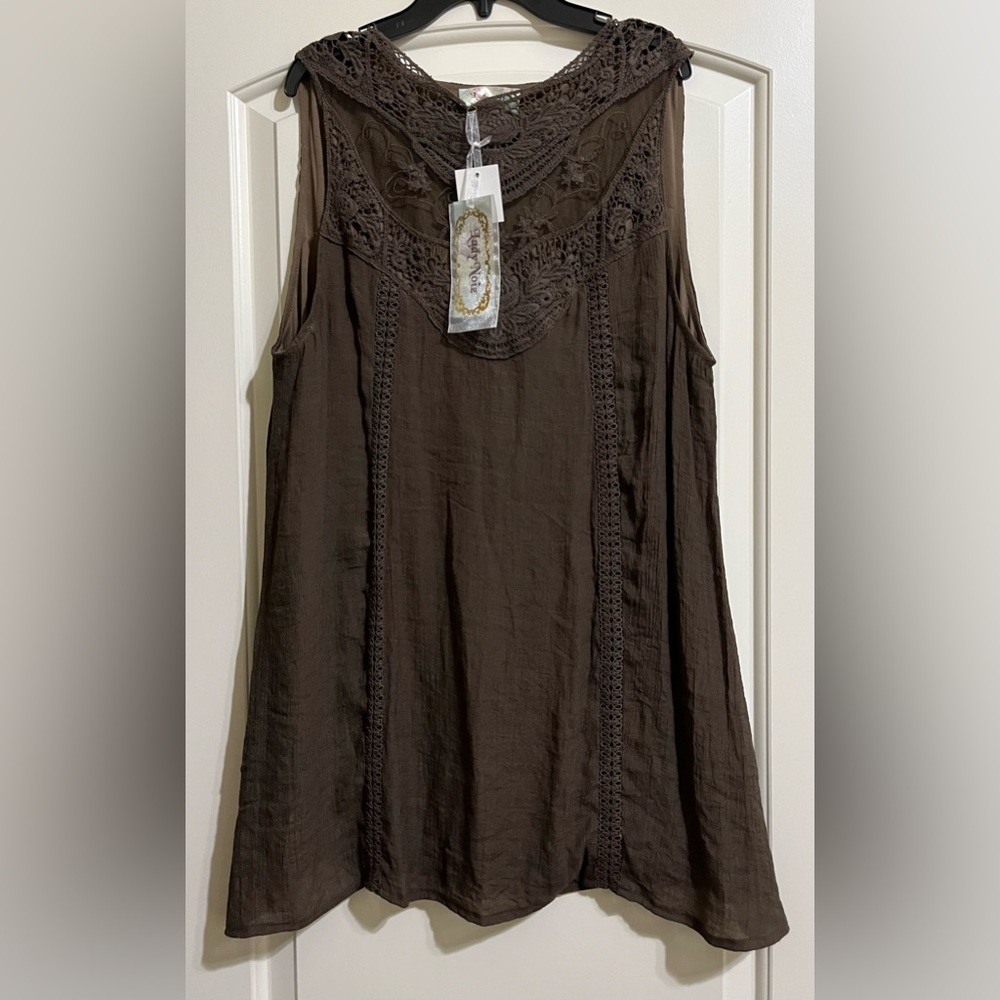 NWT Lady Noiz Women’s Brown TUNIC or SHORT DRESS Crochet Upper Sleeveless Large
